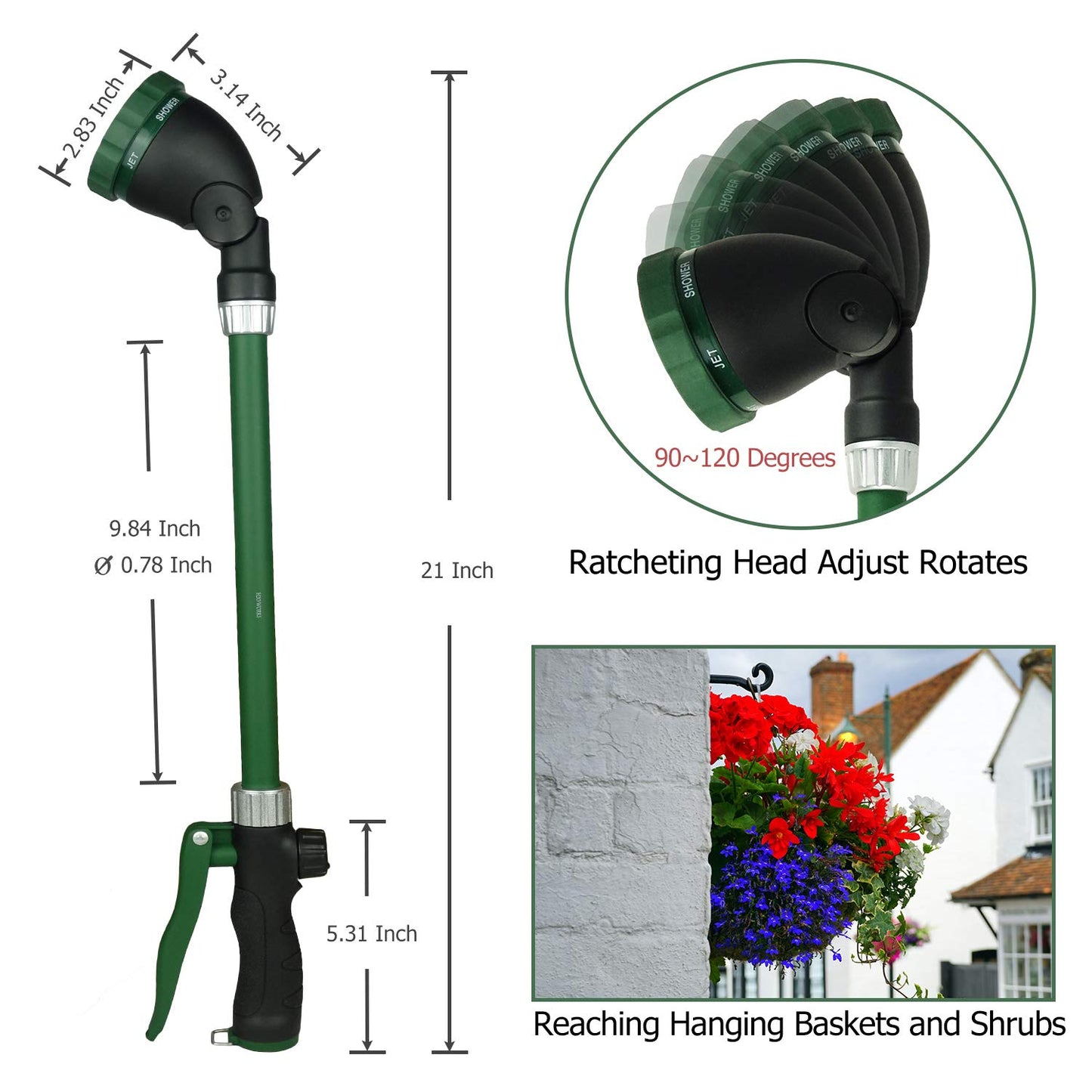 H2O WORKS Heavy Duty 21 Inch Watering Wand with Pivoting Head, Adjustable Water Sprayer Wand with Ergonomic Handle, Spray 6 Watering Patterns, Perfect for Watering Hanging Plants