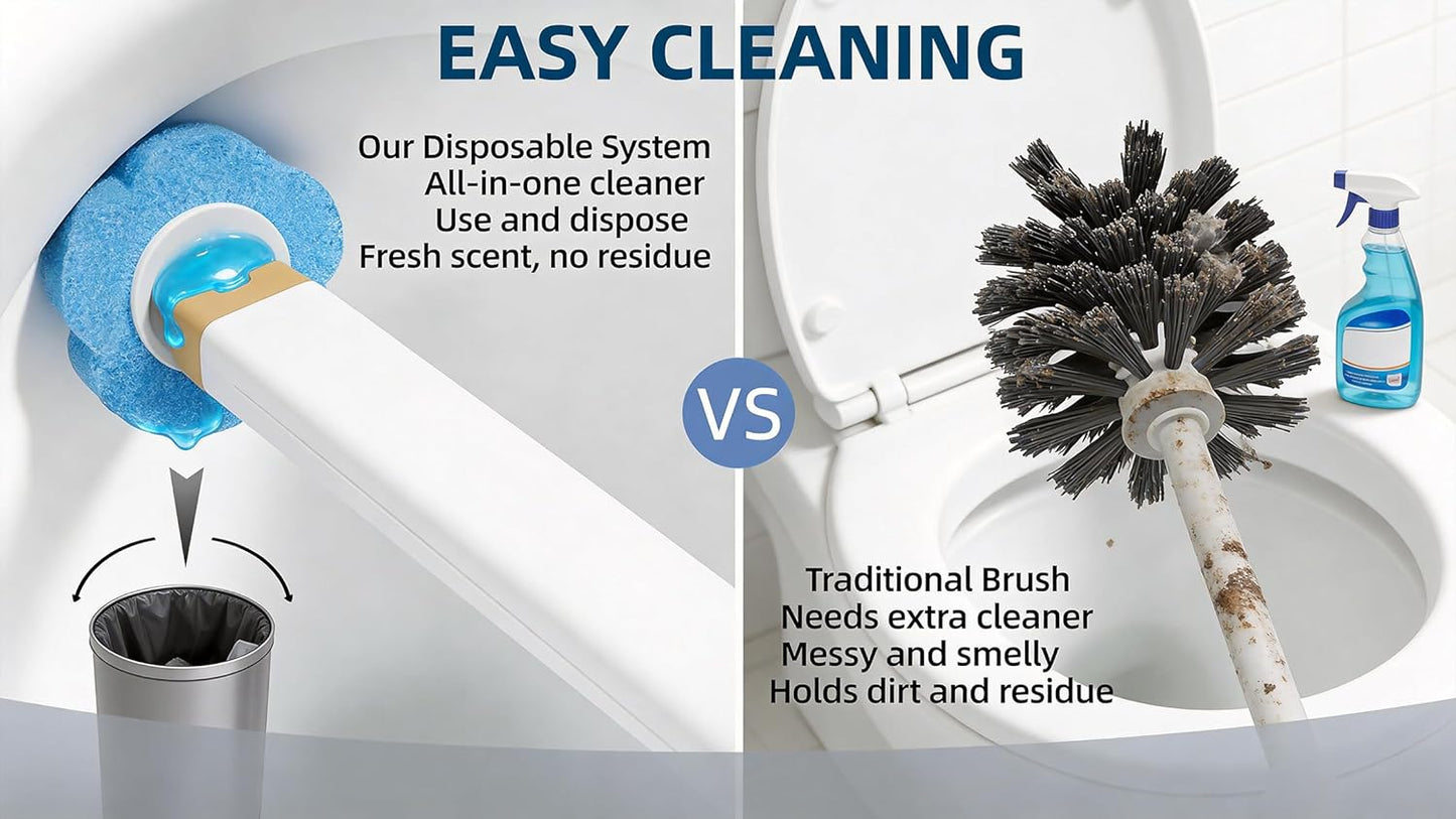 KIRIKIT 48 (1 Wand+48 Disposable Toilet Brush with Refill Heads and Holder Includes Storage Caddy&Toilet Bowl Wand