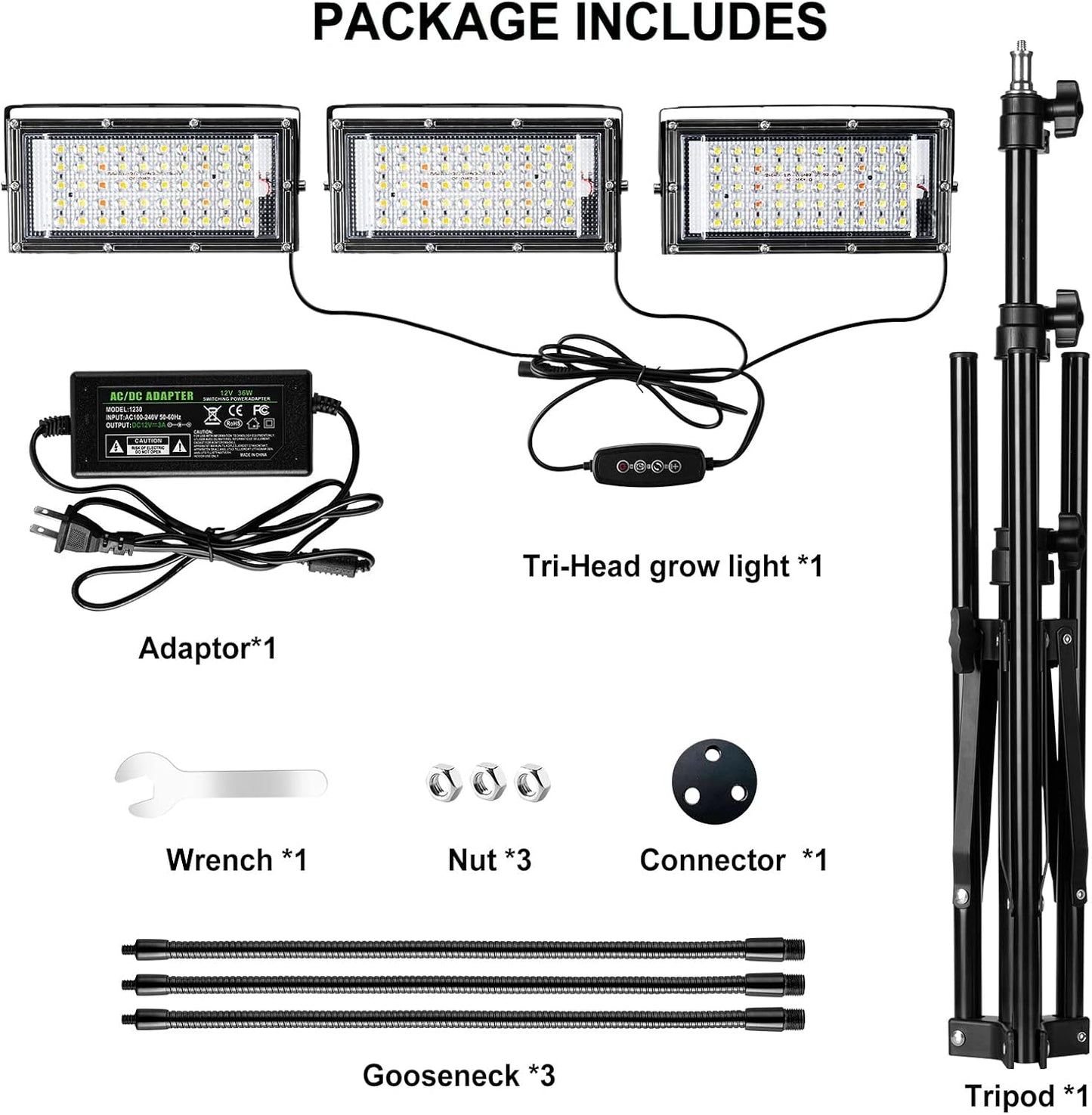 LBW 150 3/6/12H 6 Dimmable 3 15-63 inches Grow Light with Stand, Tri-Head LED Plant Light for Indoor Plants, Full
