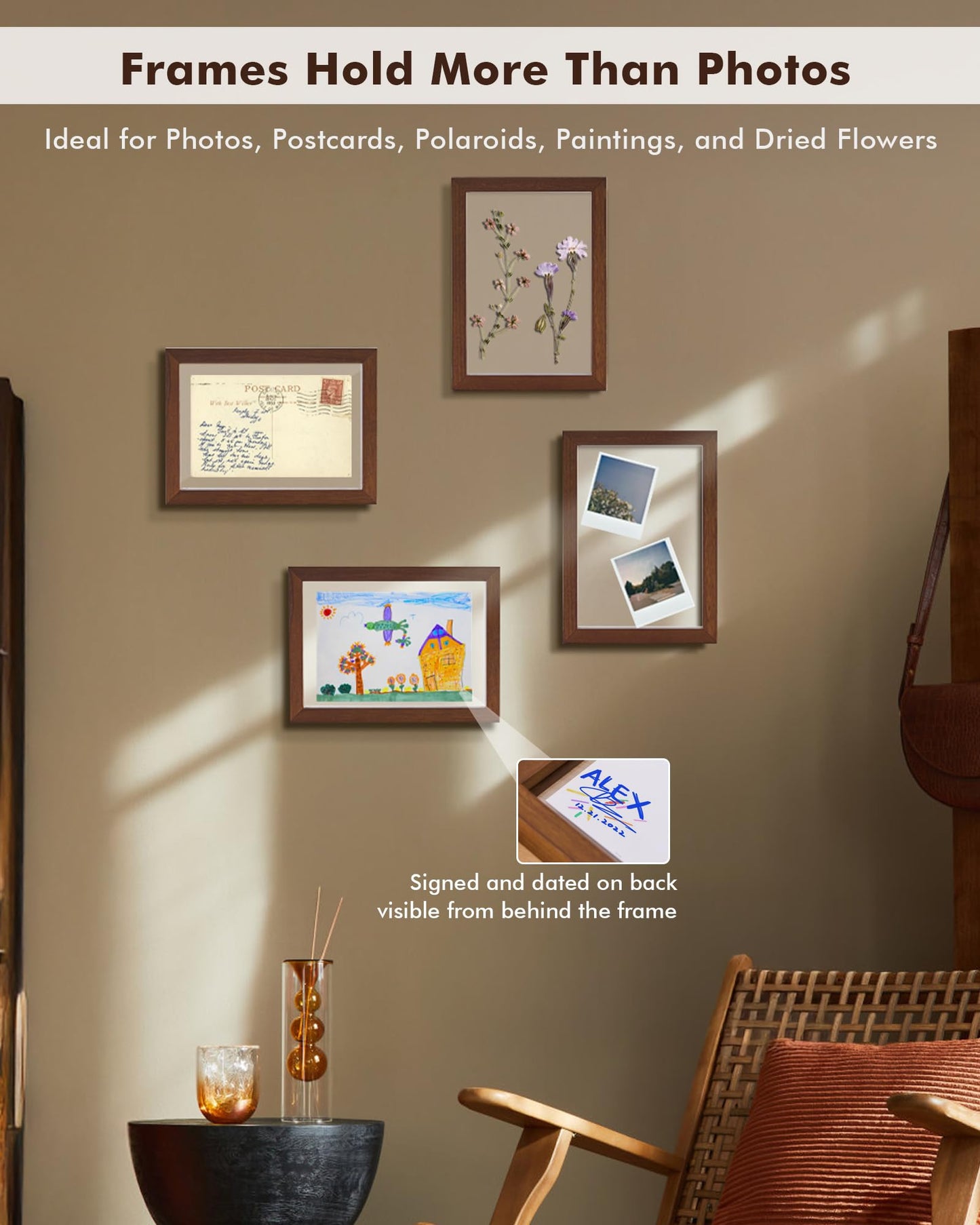 DLQuarts 5x7 Floating Picture Frames for 4x6/3.5x5 Photos, 2-Pack Solid Wood Double Polished Glass Floating Frame for Wall & Tabletop, Postcards and Any Size Photo up to 5x7 Display, Dark Walnut