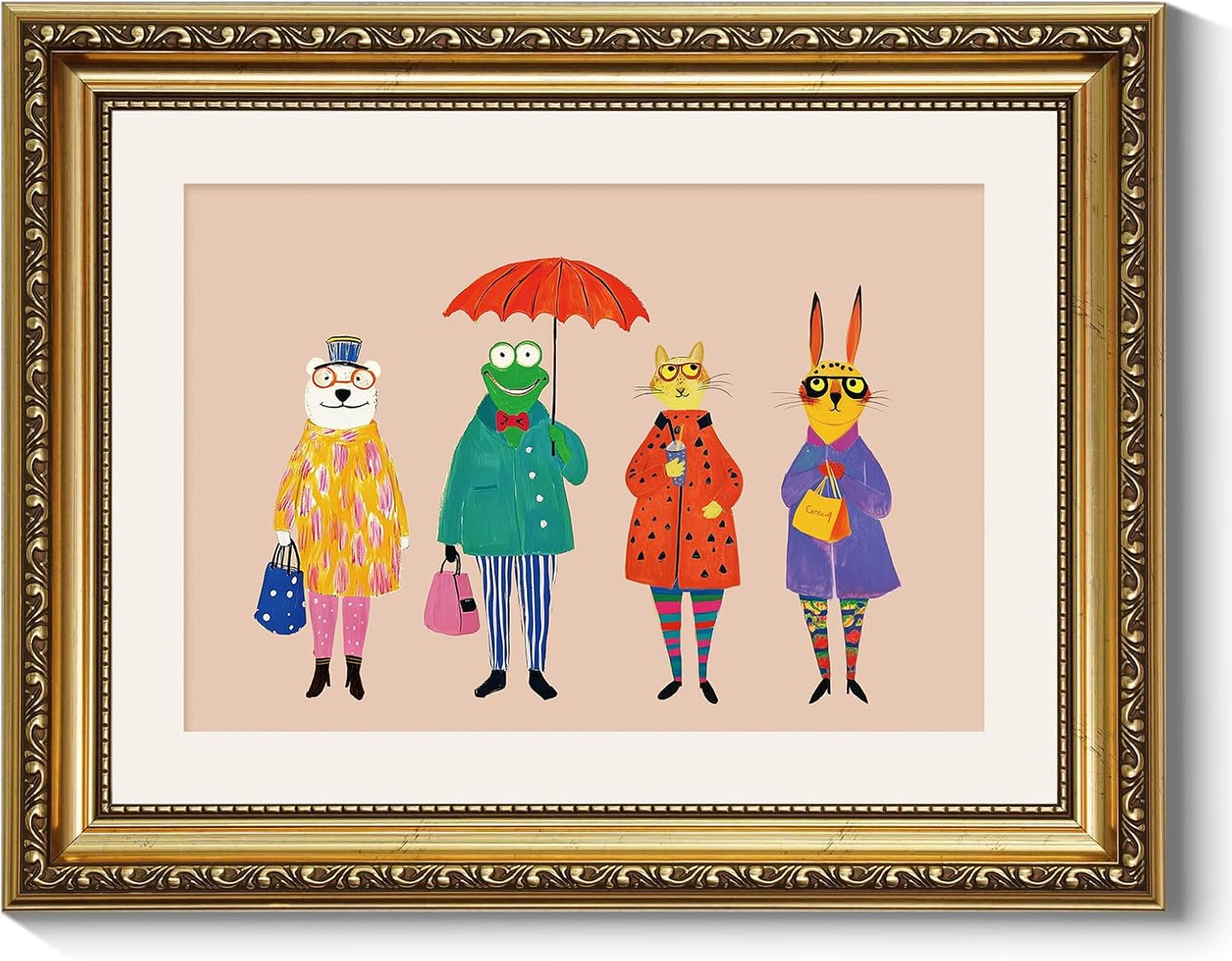 11x14 ARPEOTCY Framed Canvas Wall Art, Whimsical Animal Family Illustration, Storybook Style Wall Decor for Nursery