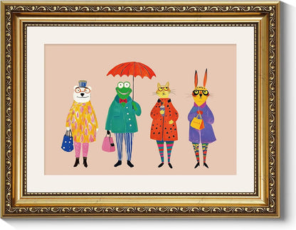 11x14 ARPEOTCY Framed Canvas Wall Art, Whimsical Animal Family Illustration, Storybook Style Wall Decor for Nursery