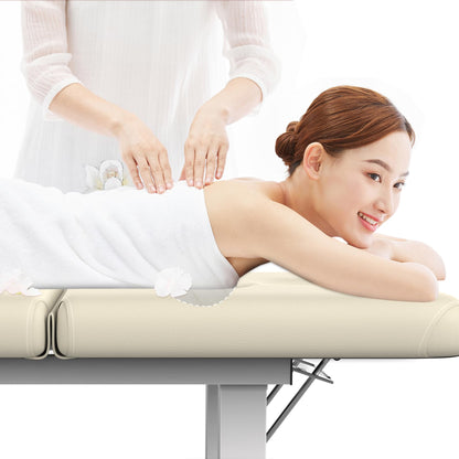 pouseayar Stationary Massage Table, 75”L 31.5''W Heavy Duty Esthetician Bed, 800LBS Metal Frame PU Leather Physical Therapy Table Spa Lash Bed Professional Equipment (Beige Grey)