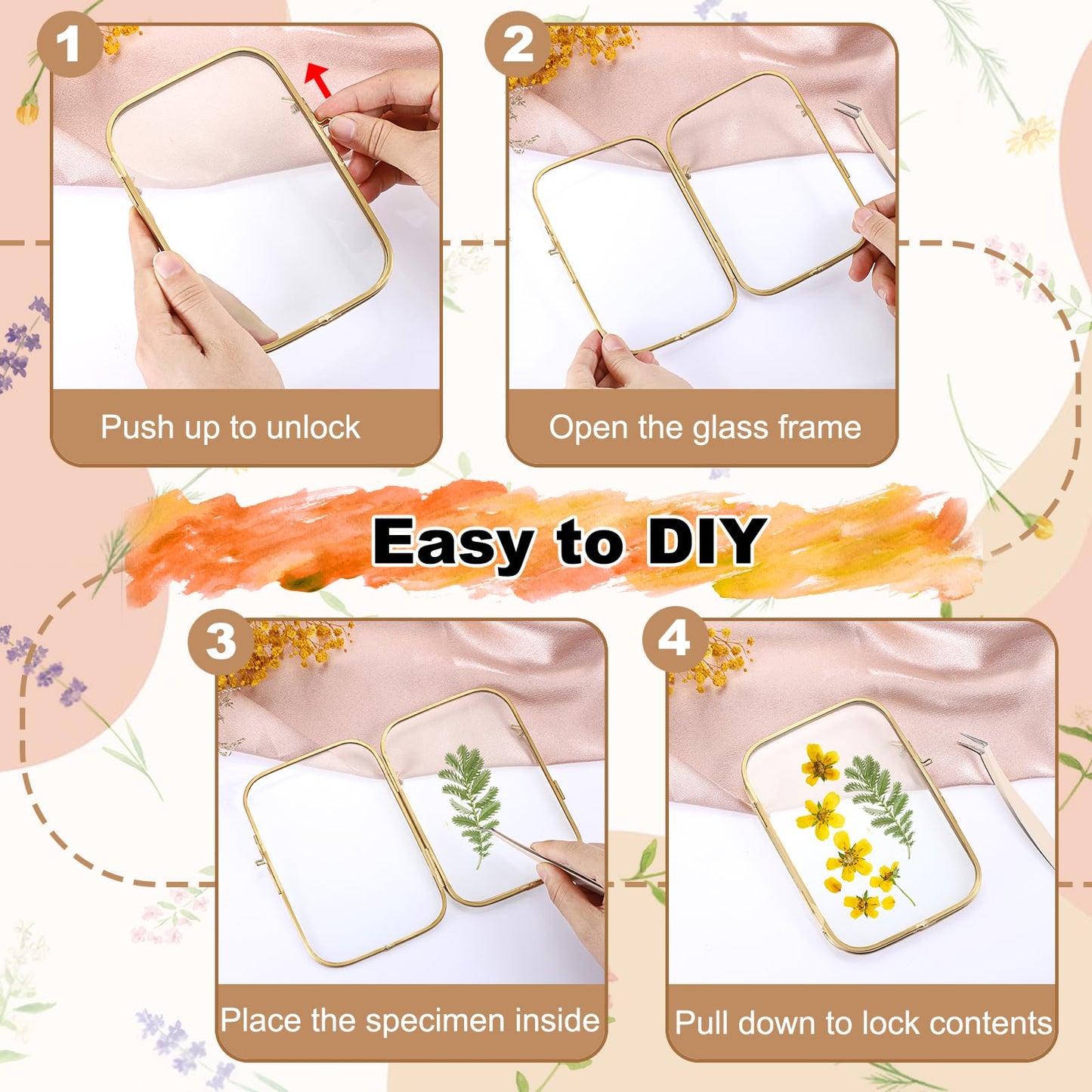 OGANAZI 4x6 Inch Double Glass Pressed Flower Frame - Golden Floating Frames for Dried Flowers, Art, Photos | Vintage Pressed Flower Frame Tabletop Display Holder for Home Plant Specimen (Oblong Shape)
