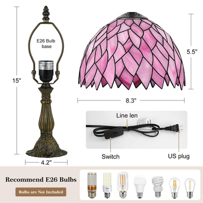 MOAN Small Lamp Stained Glass Table Lamp 8X14.5 Inch Bedside Reading Light Antique Light Desk Lamp(Pink Wisteria Style)