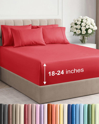 Skiennix Extra Deep King Sheet Set - 6 Piece Breathable Cooling Bedding - Soft Wrinkle-Free Red