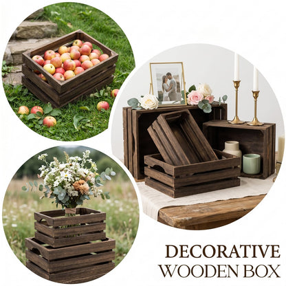 ZOOFOX Set of 3 Nesting Wooden Crates, Rustic Wood Basket with Handles, Decorative Farmhouse Wooden Storage Container Boxes for Party, Office, Bedroom, Kitchen and Closet