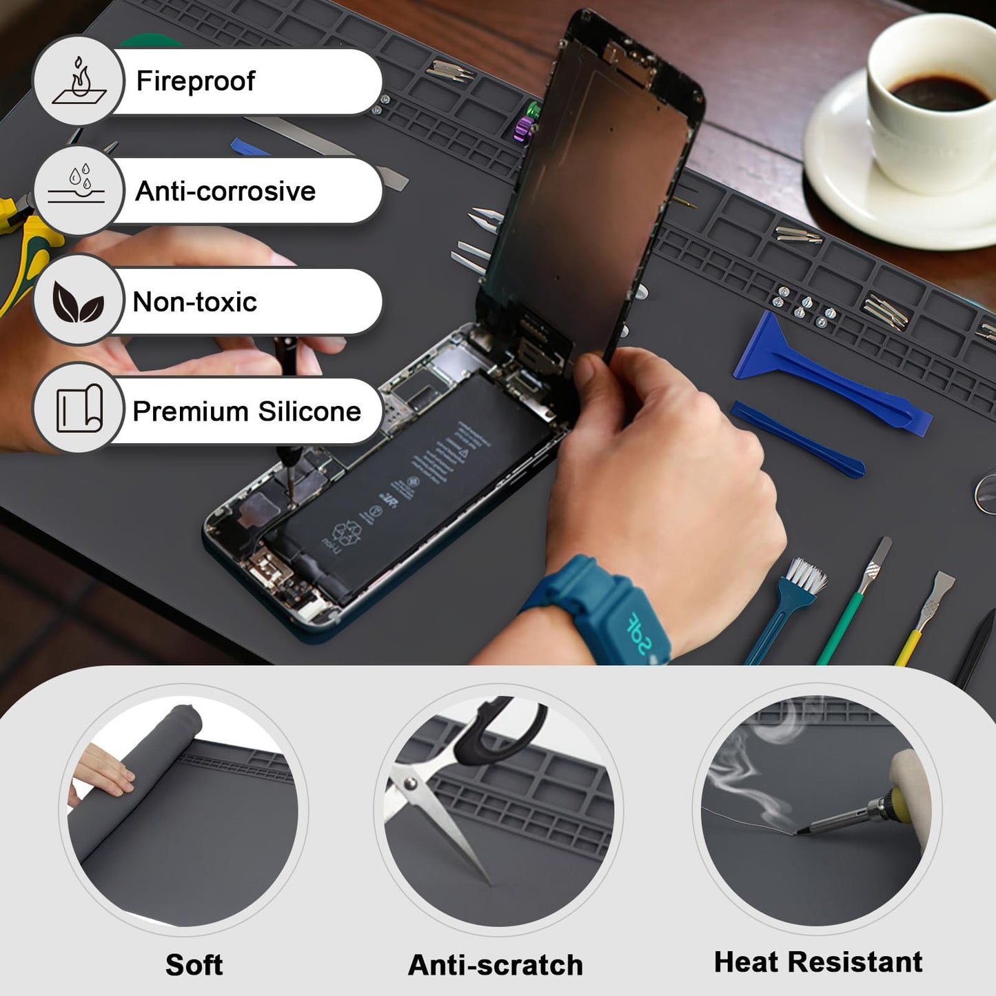 Extra Large Soldering Mat, 27.6''x15.7'' Oversized 932°F Heat Resistant Silicone Workbench Mat, Large Repair Mat for Electronics Phone Laptop Repair, BGA Soldering Gun Iron (Grey)