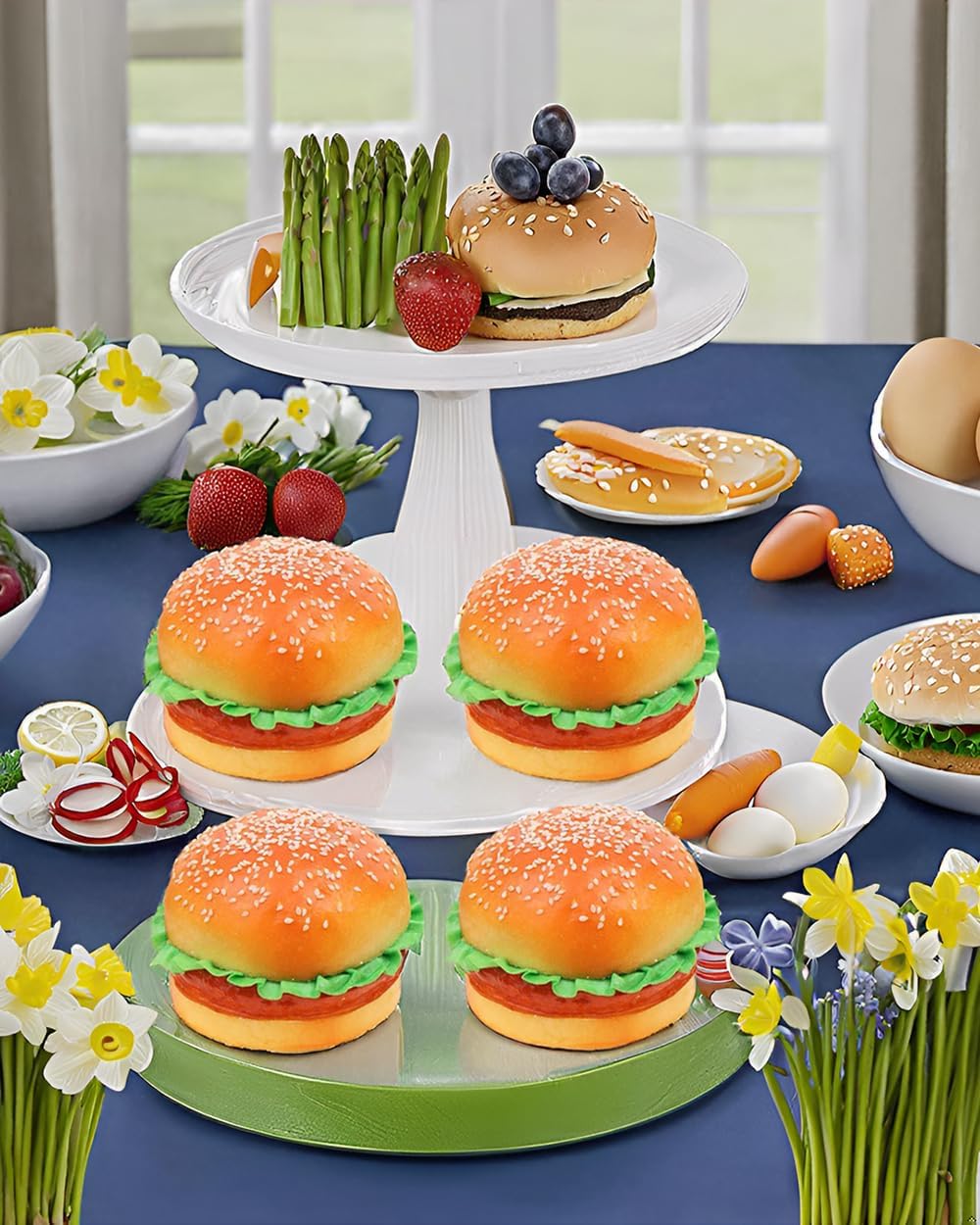 Kmiunty 4PCS Artificial Hamburger Fake Food Bread Model Photography Prop for Home Kitchen Party Decoration