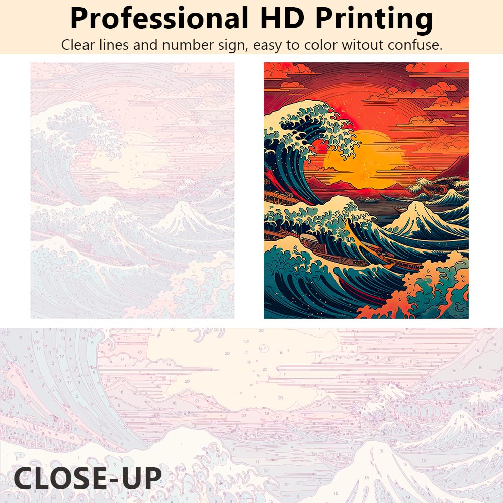 TUMOVO Paint by Number for Adults, Japan Landscape Paint-by-Number Kits Big Waves Adult Paint by Number Kits On Canvas DIY Oil Painting for Adults Paint by Number Arts Craft, 16 x20 Inch