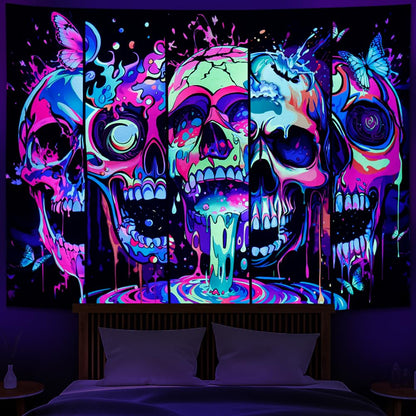 Heopapin Blacklight Skull Art Tapestry UV Reactive Neon Skeleton Butterfly Tapestries Trippy Blacklight Horror Face Wall Hanging Tapestry Halloween Aesthetic Wall Decor Tapestries for Home W78×H59