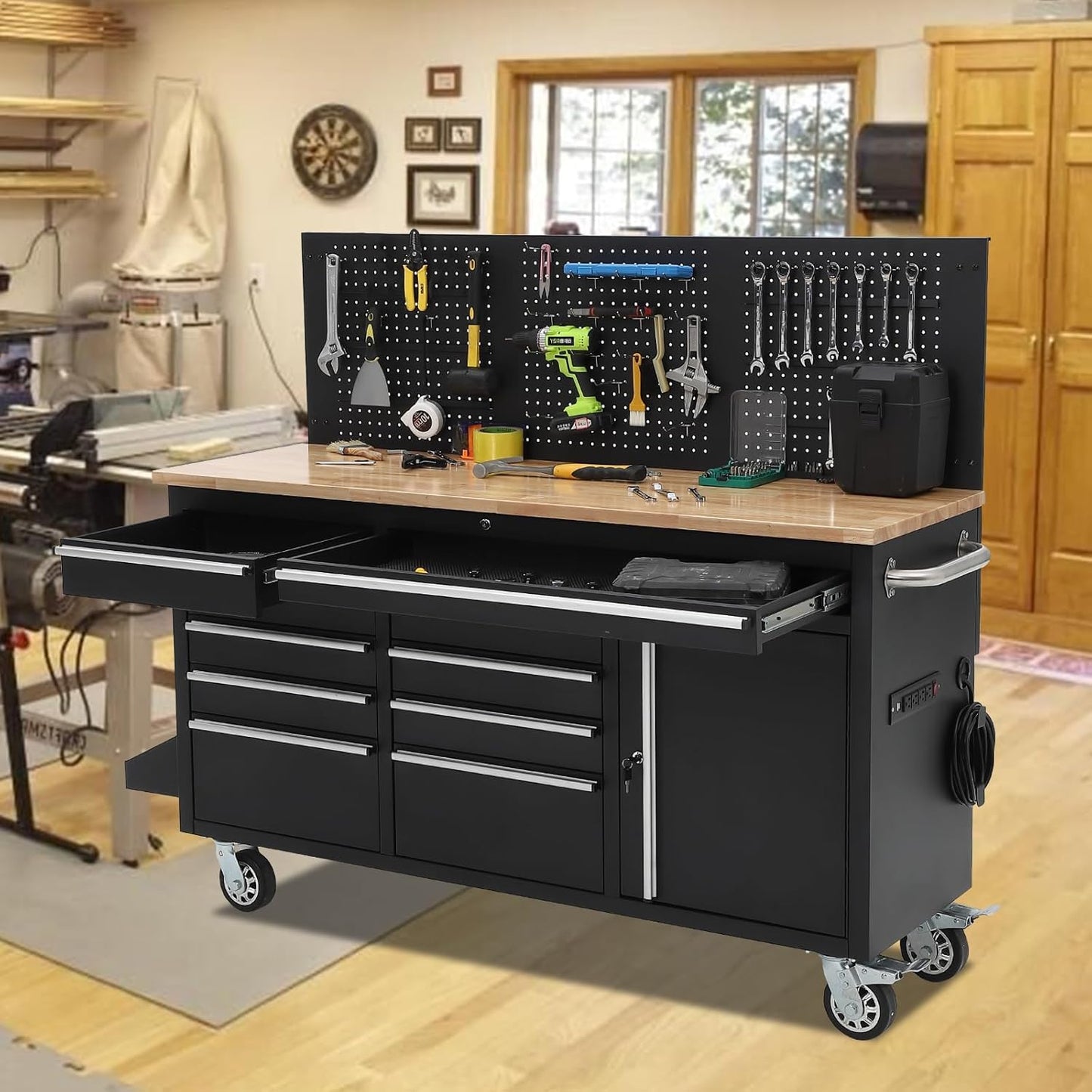 PeakPursuit 61" Rolling Tool Chest with 10 Drawers, Workbench Cabinet with Power Strip, Solid Rubber Wood Top, Pegboard, 1675 LBS Load, Mobile Heavy Duty Garage Storage, Locking Wheels, Black