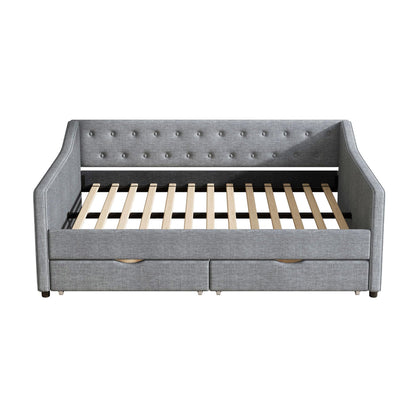 Ball & Cast Full Daybed W/ 2 Storage Drawers,Upholstered Day Bed W/Waved Shape Arms & Button Back,Sofa Bed for Bedroom,Guest Room,Living Room,No Box Spring Needed,Light Grey