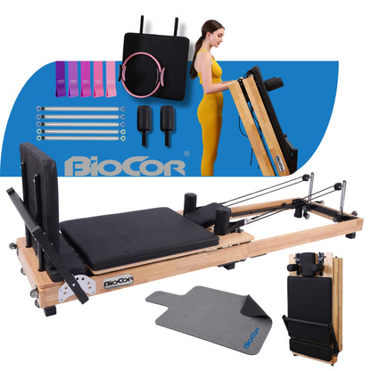 BIOCOR MAX4.0 Pilates Reformer, Wood Pilates Machine with Pilates Ring, Yoga Bands & Jumpboard, High-Resistance Springs, Foldable Pilates Equipment for Home Workouts up to 800 lbs Weight Capacity