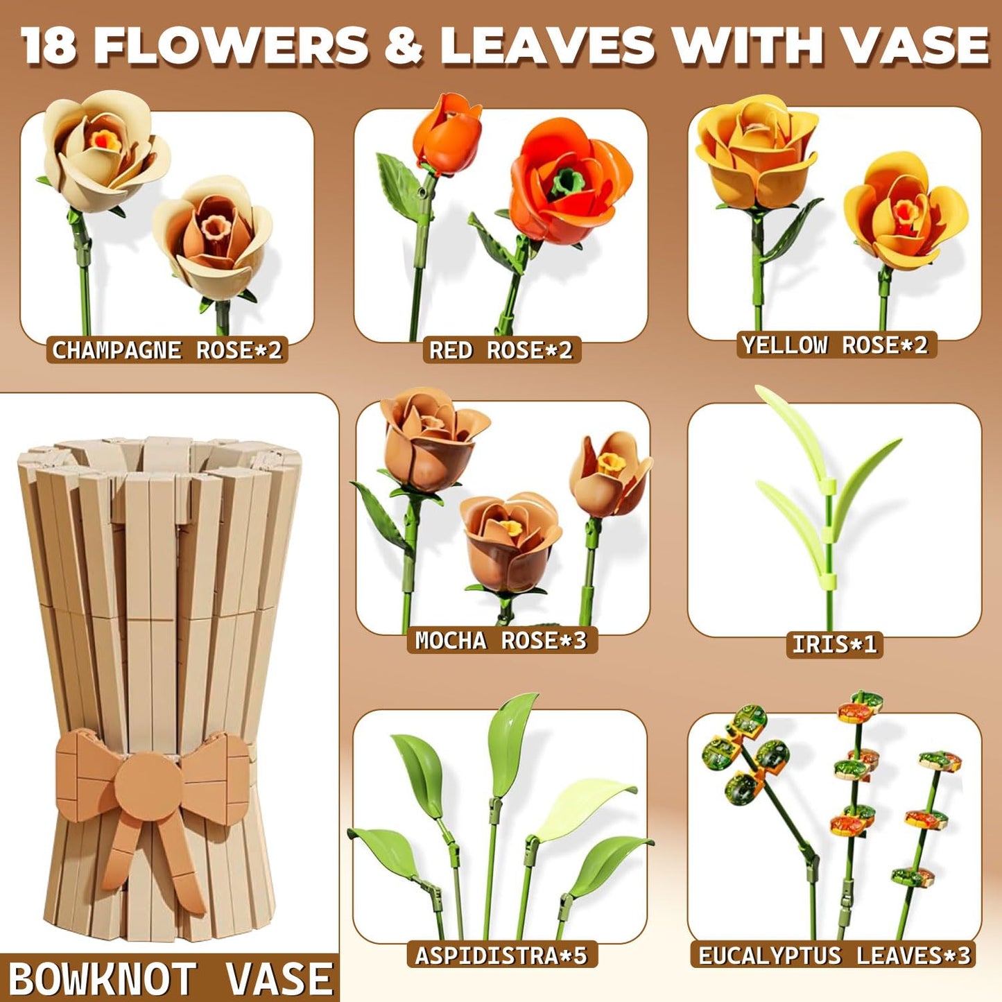 Bagari Roses Bouquet Building Set - Artificial Flowers Building Blocks with Vase, Compatible with Lego Kit for Adults - Collection for Home Office Decor Gifts for Women Men Birthday Anniversary 868PCS