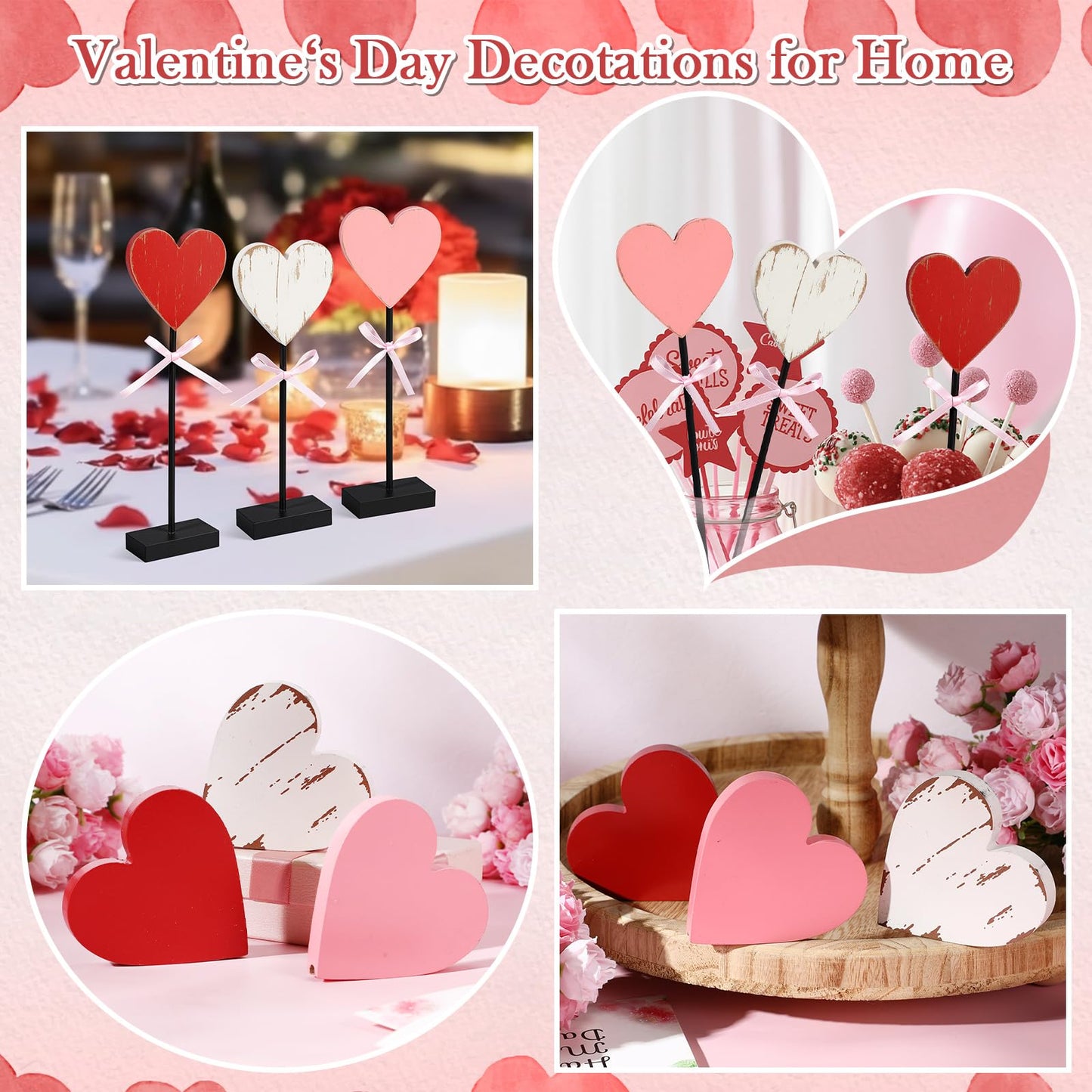 Yerliker 3 Pcs Valentine's Day Wooden Hearts Shape Sign, Valentines Day Farmhouse Table Decor, Rustic Pink Heart Shaped Standing Block, Love Signs for Centerpieces Wedding Party Favor Supplies
