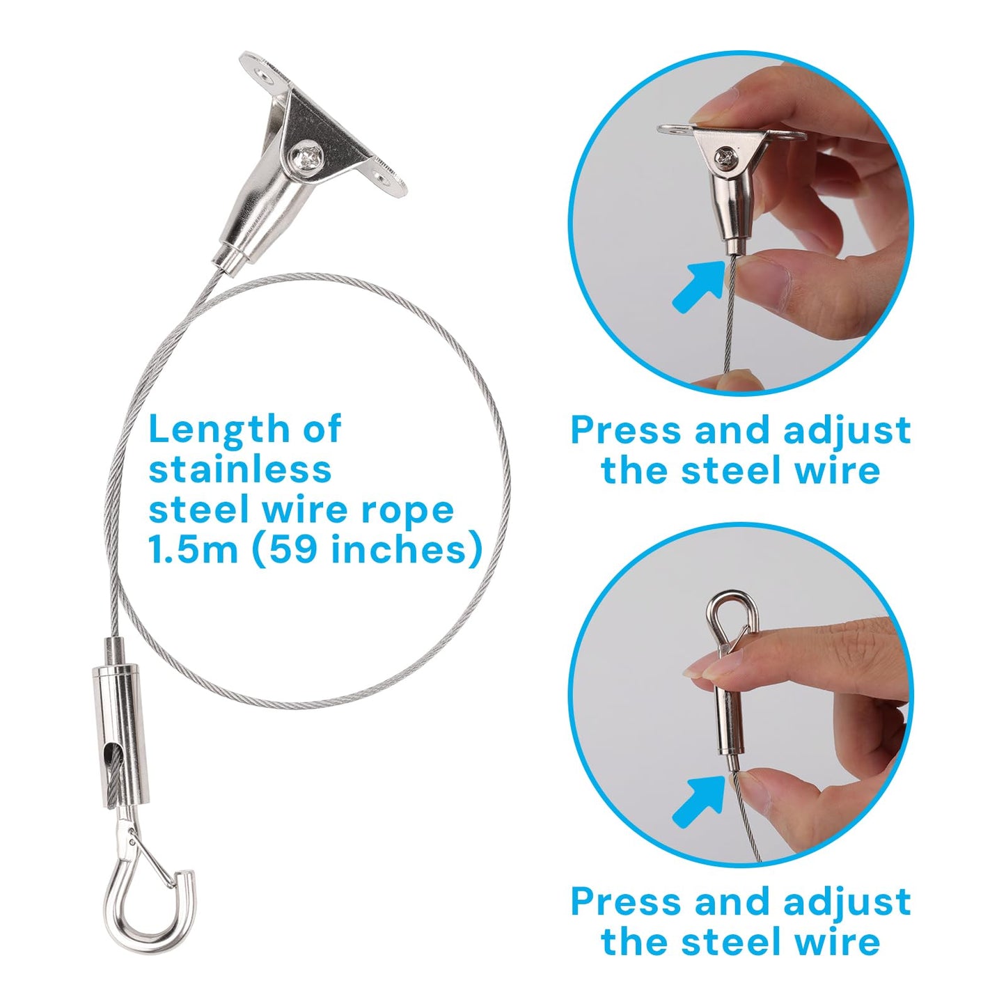 HUYEIOBGD Heavy Duty Picture Hanging Kit with 1.5m Adjustable Stainless Steel Cable, 6-Piece Wire Rope Suspension System for Artwork, Display Signs, Photo Frames, Gallery Walls & Hanging Decorations