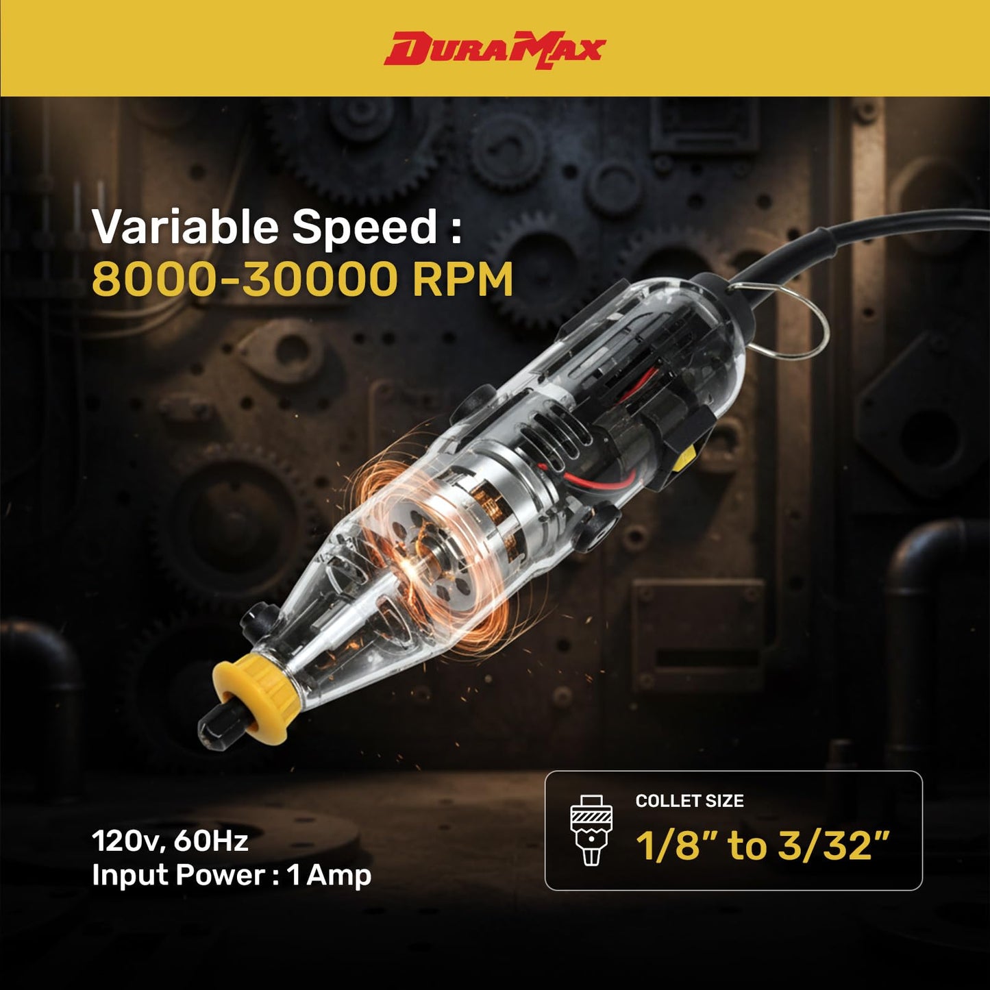 DURAMAX Rotary Tool Kit, 40 Pieces, Variable Speed 8000-30000 RPM, 120V, with 6-PCS Diamond Point Set, Carry Case