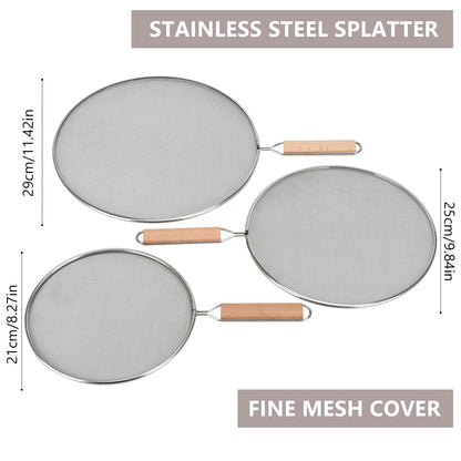 3 Pieces Grease Splatter Screen for Frying Pan, 21/25.5/29cm, with Wooden Handle