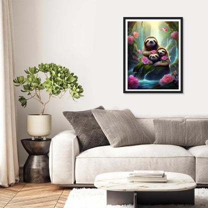 DIY 5D Diamond Painting Sloth by Number Kits for Adults, Sloths and Flowers Diamond Painting Kits Round Full Drill Diamond Art Kits Picture Arts Craft for Office and Home Wall Decor 12x16 inch