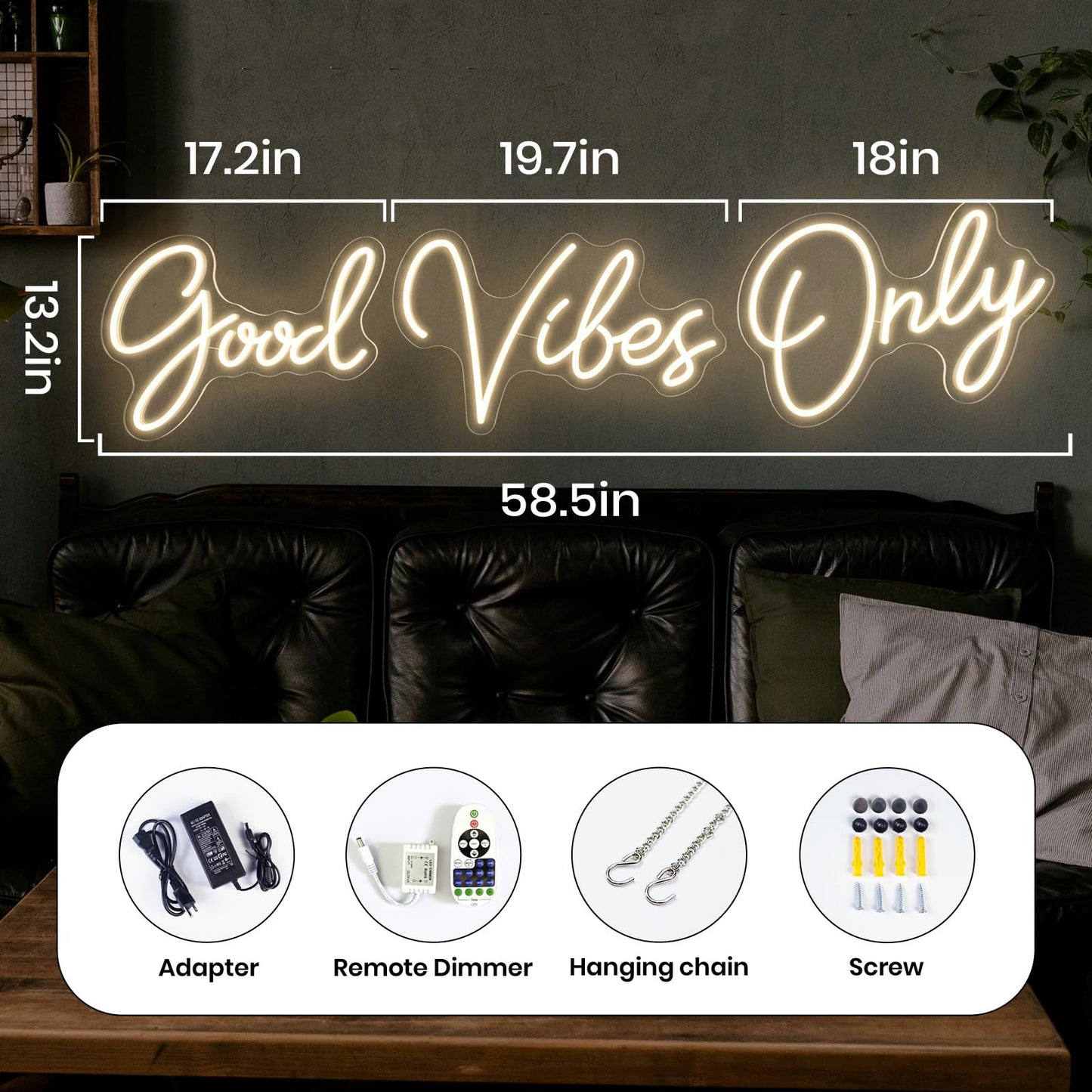 Good Vibes Only Neon Sign, Large Split Design LED Signs for Bedroom Wall Decor, Warm White Light Up Sign for Party Backdrop & Boutique Decor, Dimmable Aesthetic Room Art, 58.5x13.2 In