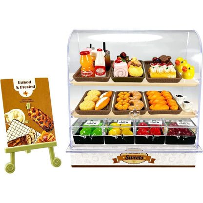 86 Pieces Miniature Bakery Case Cake Stand Display Cabinet with Food Set Mini Plastic Counter Dessert Donuts for 1:12 Doll House Store Scene Decoration Gift Dollhouse Bread Shop Model Playhouse