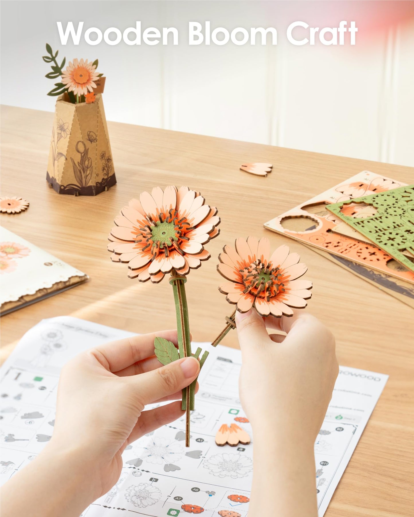 ROBOTIME 3D Puzzle Light Orange Gerbera Daisy TW111, DIY Wooden Flower Craft, Artificial Flowers Model Kit to Assemble for Adults, Home Decoration and Valentine's Day Toy Gift Set