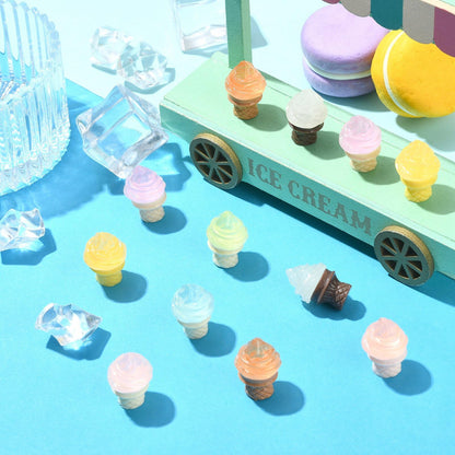 Stiesy 100pcs Luminous Resin Ice Cream Figurines Food Miniature Summer Display Ornaments Bulk Glow in the Dark for Micro Landscape Accessories Pretending Prop Decorations