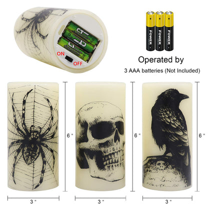 Wondise Halloween Flickering Flameless Candles with 6hrs Timer, Battery Operated LED Real Wax Candles Set of 3 Skull, Spider Web, Crow Raven Decals Halloween Home Decoration Gifts(3 x 3 x 6 Inch)