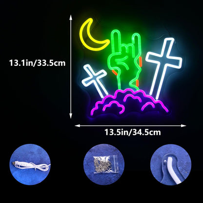 Halloween Devil Neon Sign Rock Gesture Cross With Moon and Cloud Neon LED Lights Zombie Spooky All Saints' Day Wall Neon Lamp for Halloween Party Bedroom Home Bar Pub Amusement Park Decor