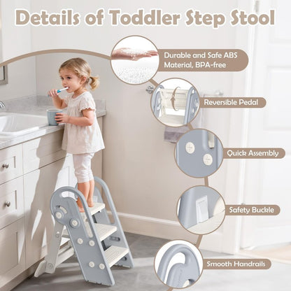 Onasti Adjustable Toddler Step Stool with Handles, Converts from 3-Step to 2-Step as Kids Grow, Non-Slip Safety Stool for Bathroom Sink, Kitchen Counter, Potty Training and Everyday Household Use-Grey