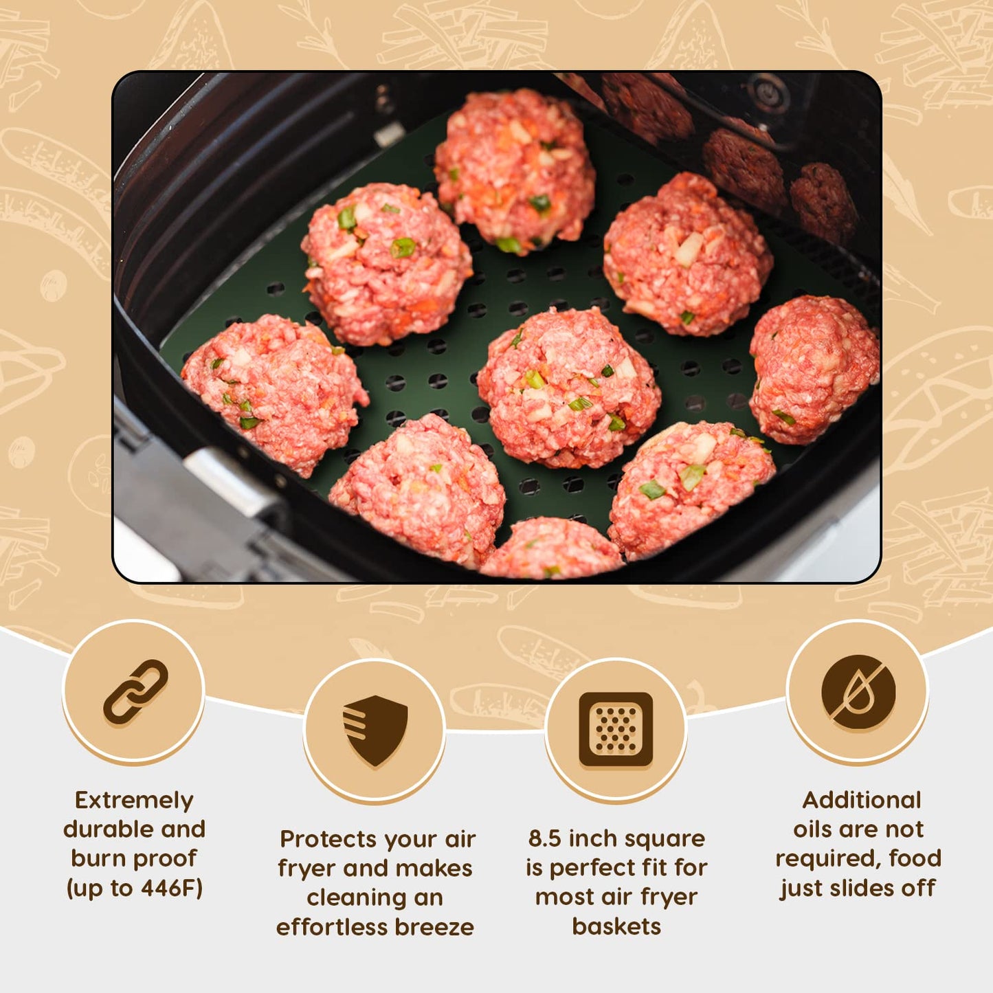 Reusable Square Silicone Air Fryer Liners (8.5 Inch, 3 Pack) by Linda’s Essentials - Non-Stick, Easy-Clean Accessories with Cheat Sheet & Recipe Book, Perfect for Quick Meals