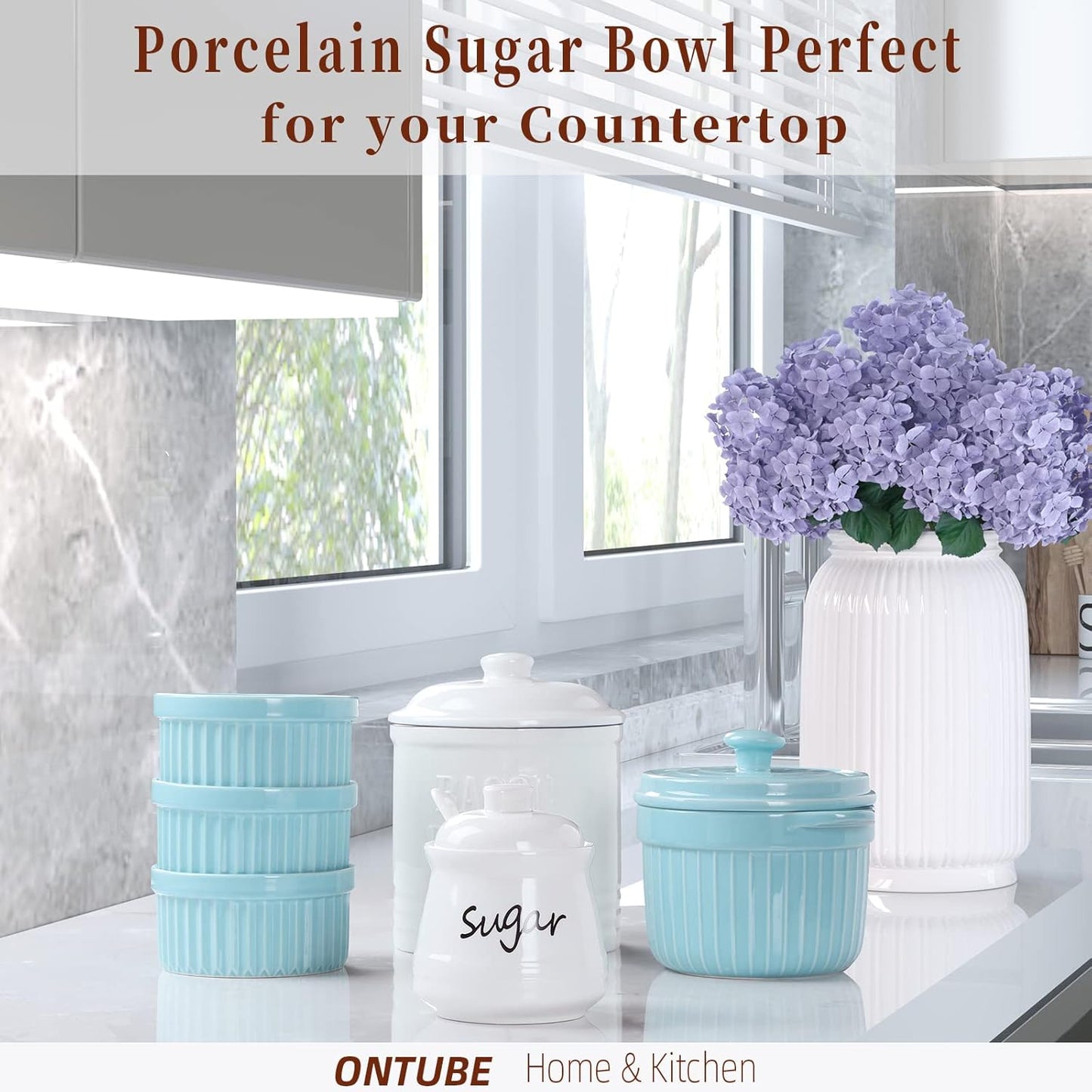 12oz ONTUBE Ceramic Sugar Bowl with Lid and Spoon (White)