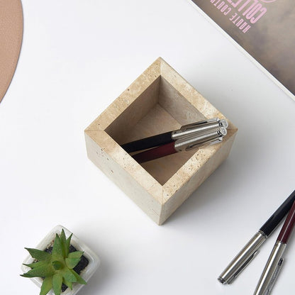 Real Natural Travertine Marble Toothbrush Holder & Pen Holder & Makeup Brush Holder & Utensil Holder, Genuine Stone Rectangular Bathroom Tumbler Cup, Durable Office & Home Countertop Organizer