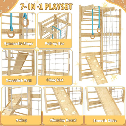 7-in-1 Swedish Ladder, Wooden Climbing Wall Ladder for Kids and Adults, Montessori Climber Playset with Pull-Up Bar, Indoor Climbing Gym, Kids Playground