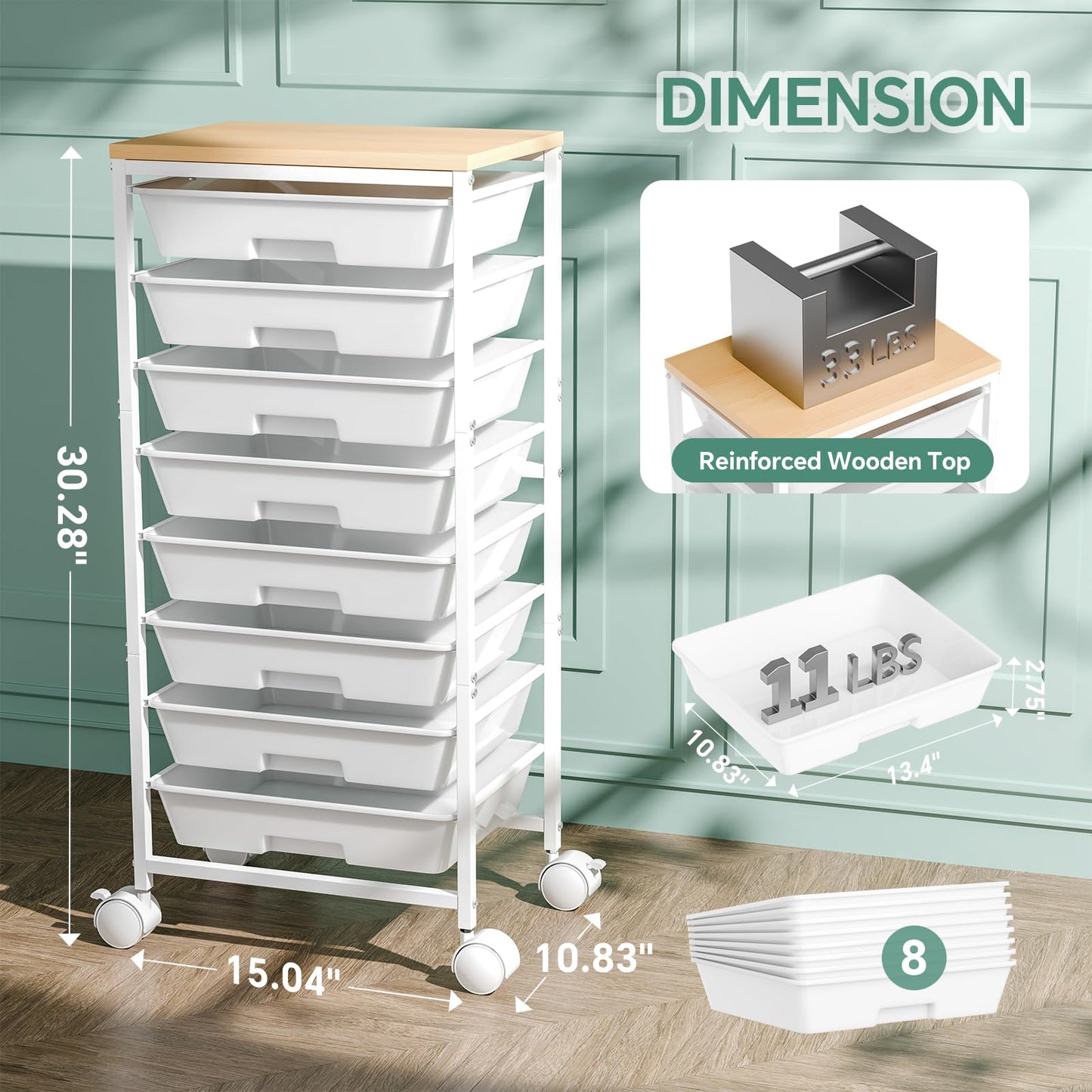 Ekisemio Rolling Cart with 8 Drawers, Storage Drawers Cart with Wooden Tabletop and Lockable Wheels, Utility Cart for Living Room, Office, Classroom, Craft Room, White