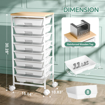 Ekisemio Rolling Cart with 8 Drawers, Storage Drawers Cart with Wooden Tabletop and Lockable Wheels, Utility Cart for Living Room, Office, Classroom, Craft Room, White