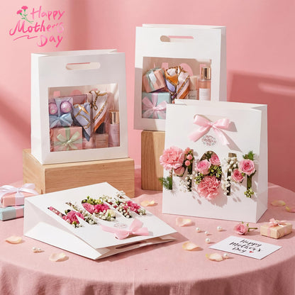 AmazingSpark 12 Set Mother's Day Large Gift Bags Bulk Paper Goodies Boxes with Stickers & Ribbon DIY Mother's Day Gift for Moms Birthdays Party Supplies Decor