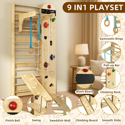 Swedish Ladder 7-in-1, Indoor Wooden Playground, Rock Climbing Wall for Kids and Adults, Kids Indoor Playset, Wooden Jungle Gym, for All Levels and Abilities