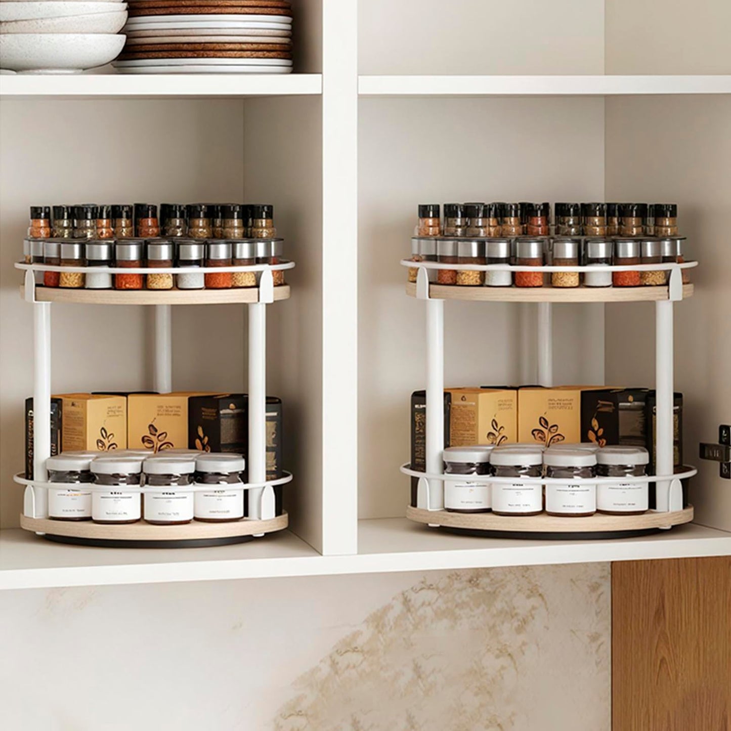 3-Tier Lazy Susan Organizer, Rotating Spice Rack, Spinning Organizer, Industrial Turntable Spice Rack Organizer for Cabinet, Kitchen Countertop, Pantry, Rustic Brown and Black SR23BR