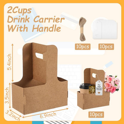 10 Pack 2 Cup Disposable Drink Carrier with Handle Paperboard Coffee Cup Holder Portable for Hot Cold Drinks Food Delivery Services with Heart Card for Teacher Appreciation Week Mother's Day