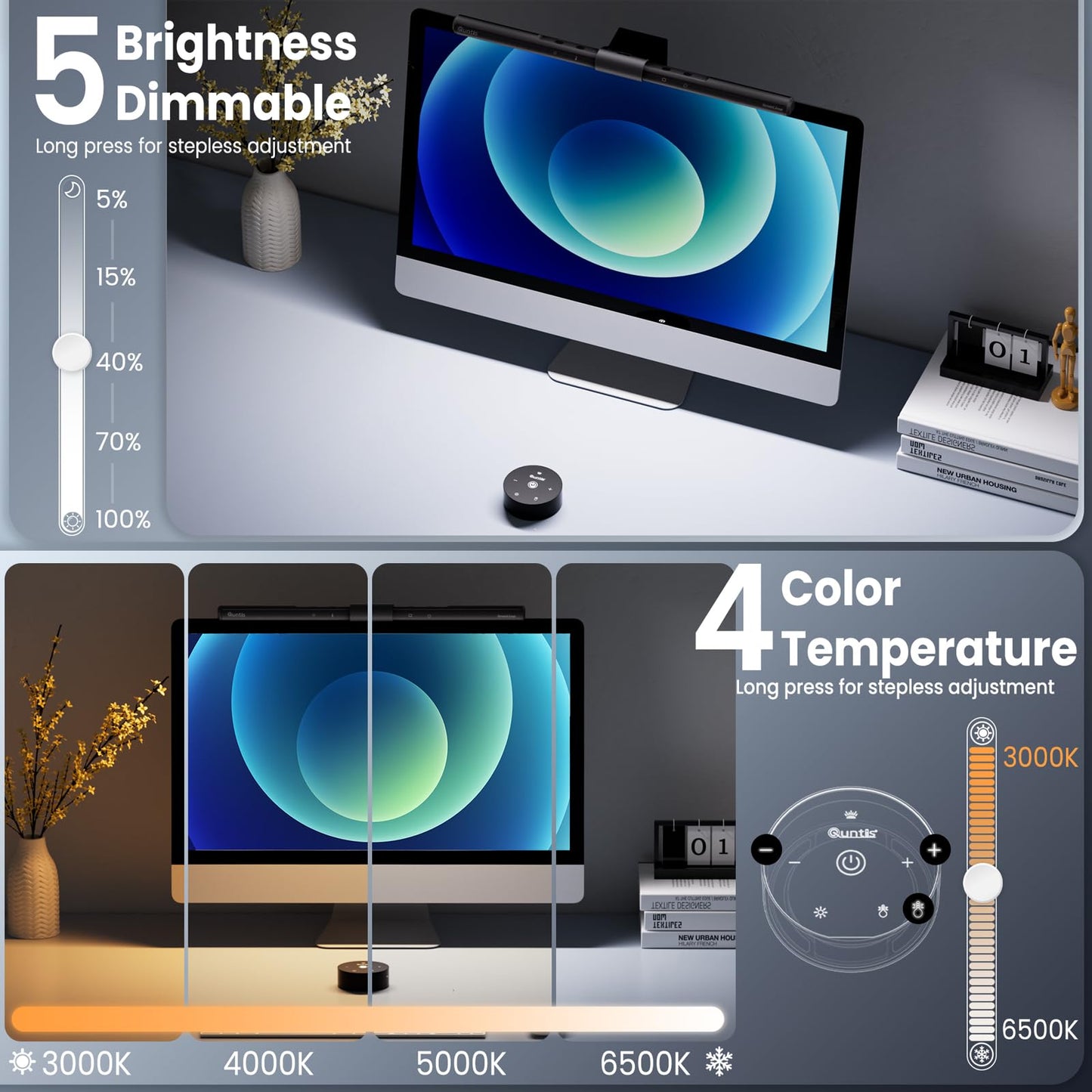 Quntis PC Screen Lamp with Remote Control, Adjustable Screen Light Automatic Dimming, LED USB Computer Lamp 40 cm Monitor Light Bar Lighting for Office Gaming
