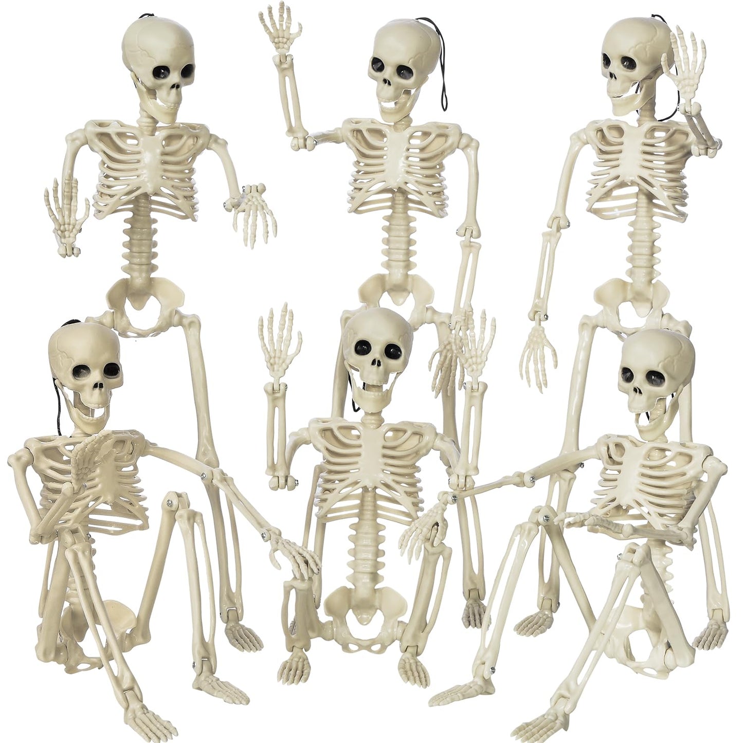 XONOR 16” Posable Halloween Skeleton- Full Body Halloween Skeleton with Movable Joints for Haunted House Props Decorations (6pcs)