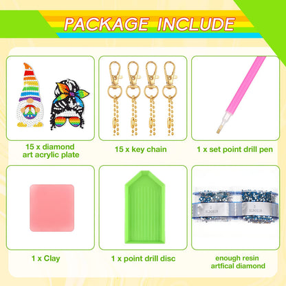 Estune 15 Pcs Rainbow Festival Diamond Keychain Fall 5d Diamond Painting Keychain Fall Diamond Art Keychain Pendant Colorful Keyring DIY Diamond Jewelry Decor (Rainbow Festival Style)