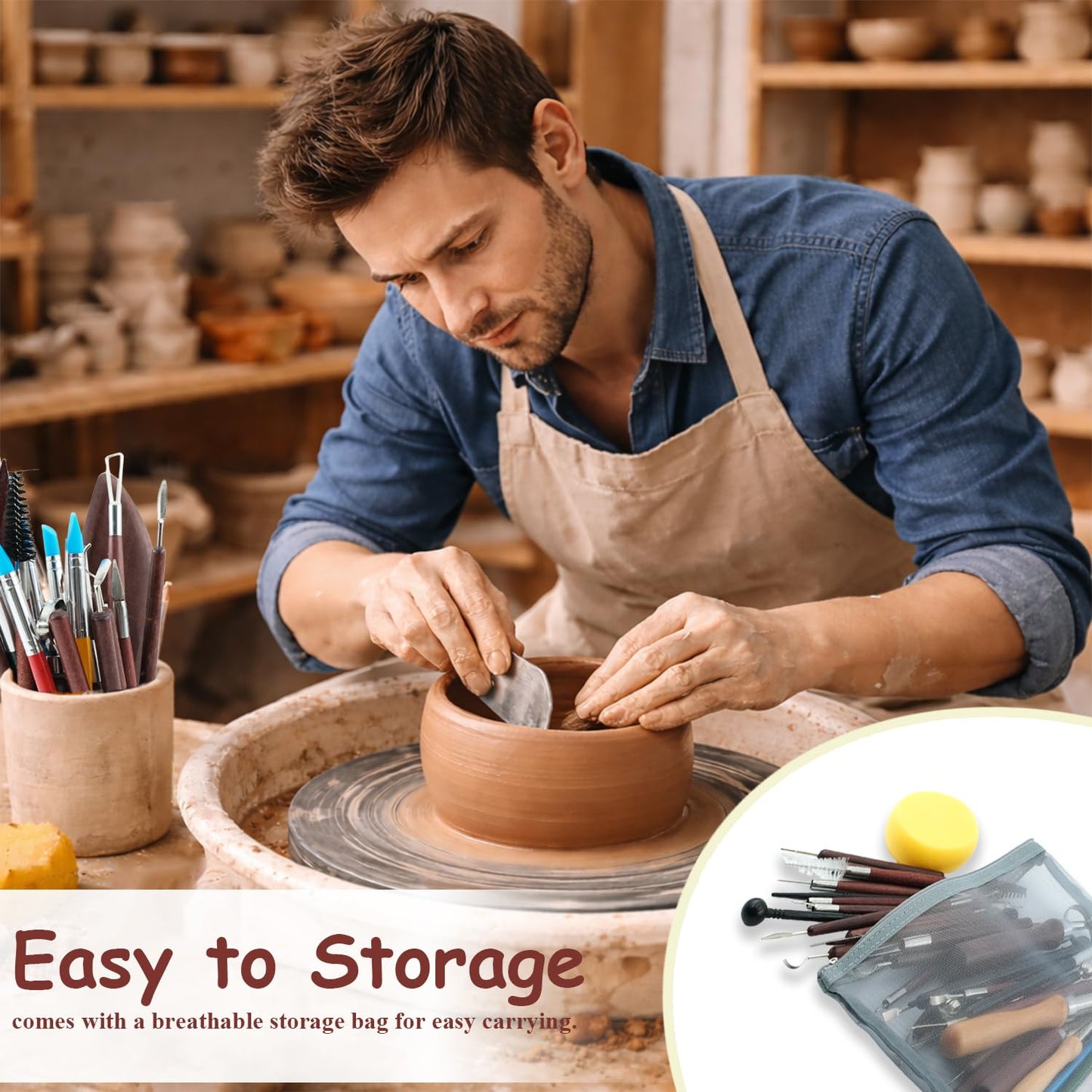 OMTRS 50PCS Clay Sculpting Tools Kit with Storage Bag, Pottery Sculpting Tools for Adult Beginners, Clay Modeling Tool Carving Kit for Pottery, Dotting, Molding, Shaping, Detailing (Redwood)
