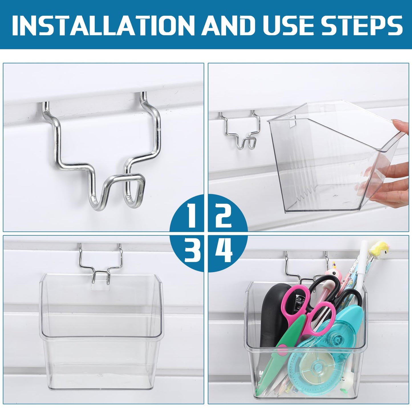 Layhit 6 Set Slatwall Bins Plastic Slatwall Baskets with Metal Hooks Hanging Containers Storage Organizer Pegboard Accessories for Garage Craft Workshop Office Storage