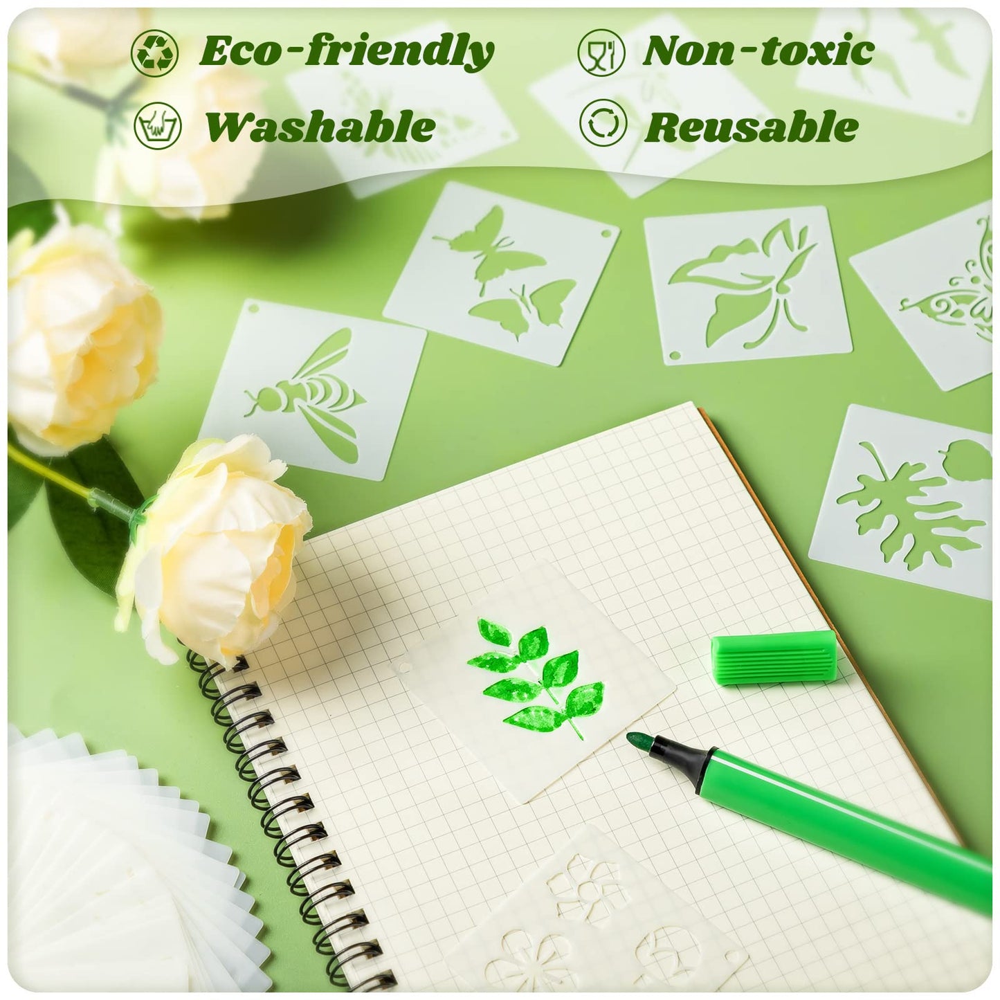 Fainne 100 Pcs 2 Inch Stencils Small Stencils for Painting on Wood Reusable Painting Templates Crafts for DIY Scrapbook, Wood, Wall, Fabric, Rock, Chalkboard, Sign(Flower, Plants)