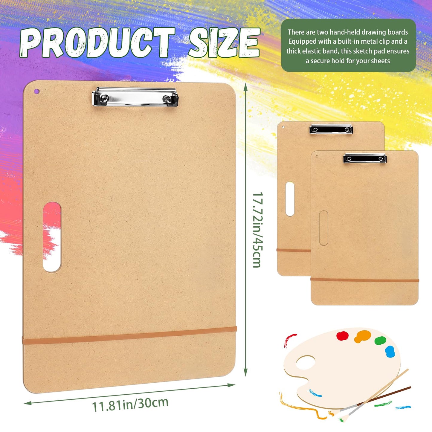 TKOnline 2 Pack 11.8x17.7 Drawing Boards, Sketch Boards with Sturdy Clip and Rubber Bands, Portable Art Clipboard for Classroom, Drafting and Studio Drawing