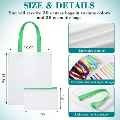 Sweetude 60 Pcs Sublimation Blanks Tote Bags Bulk, Canvas DIY Bag Reusable Shopping Totes Heat Transfer Cosmetic Makeup Bags W/Customized Color for DIY, Advertising Valentines Thanksgiving Craft Gift