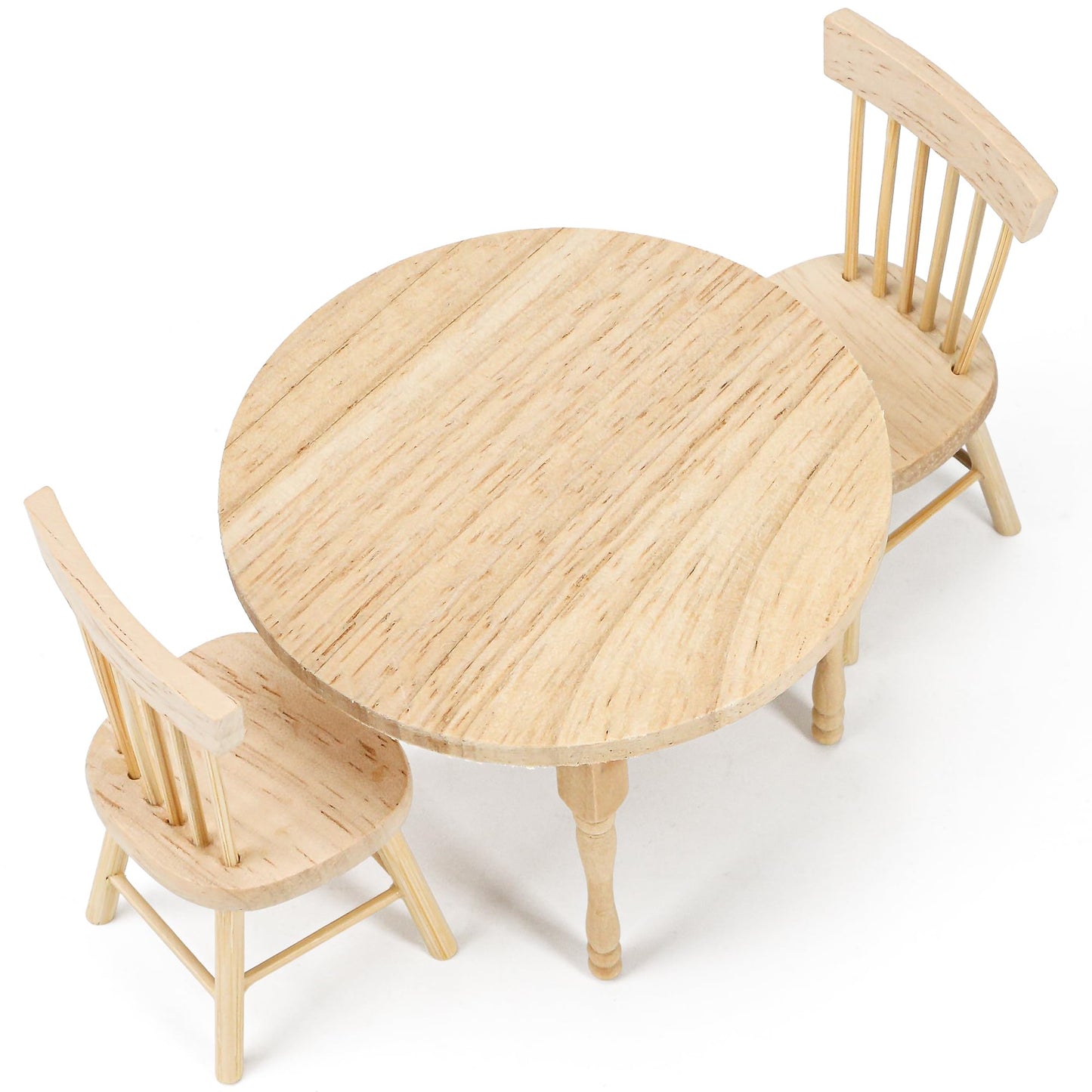 1/12 Miniature Dollhouse Round Table and 2 Chairs Dining Set, Mini Wooden Unpainted Burlywood Barbie Kitchen Furniture Accessories